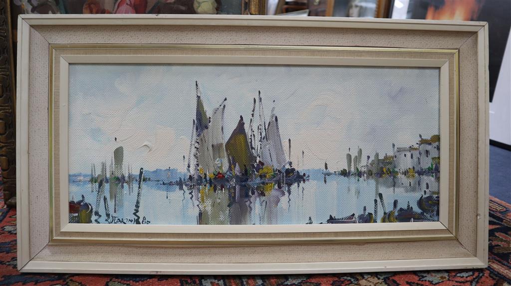 George R. Deakins, oil on canvas board, Fishing boats in harbour, signed, 24 x 57cm